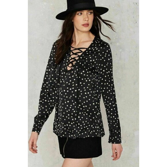 Nasty Gal Black Lioness Night Lace up Blouse Small - Picture 1 of 6